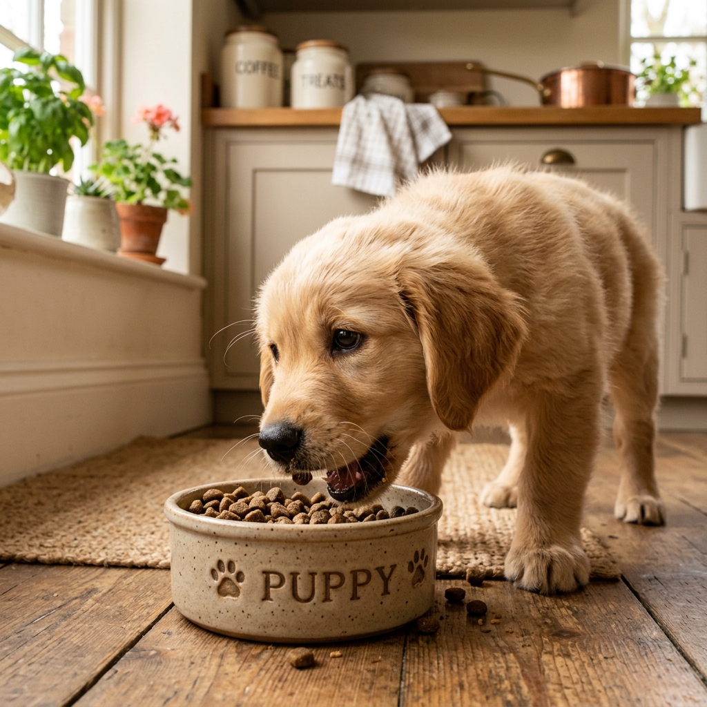Cachorro próximo a alimento natural e ração